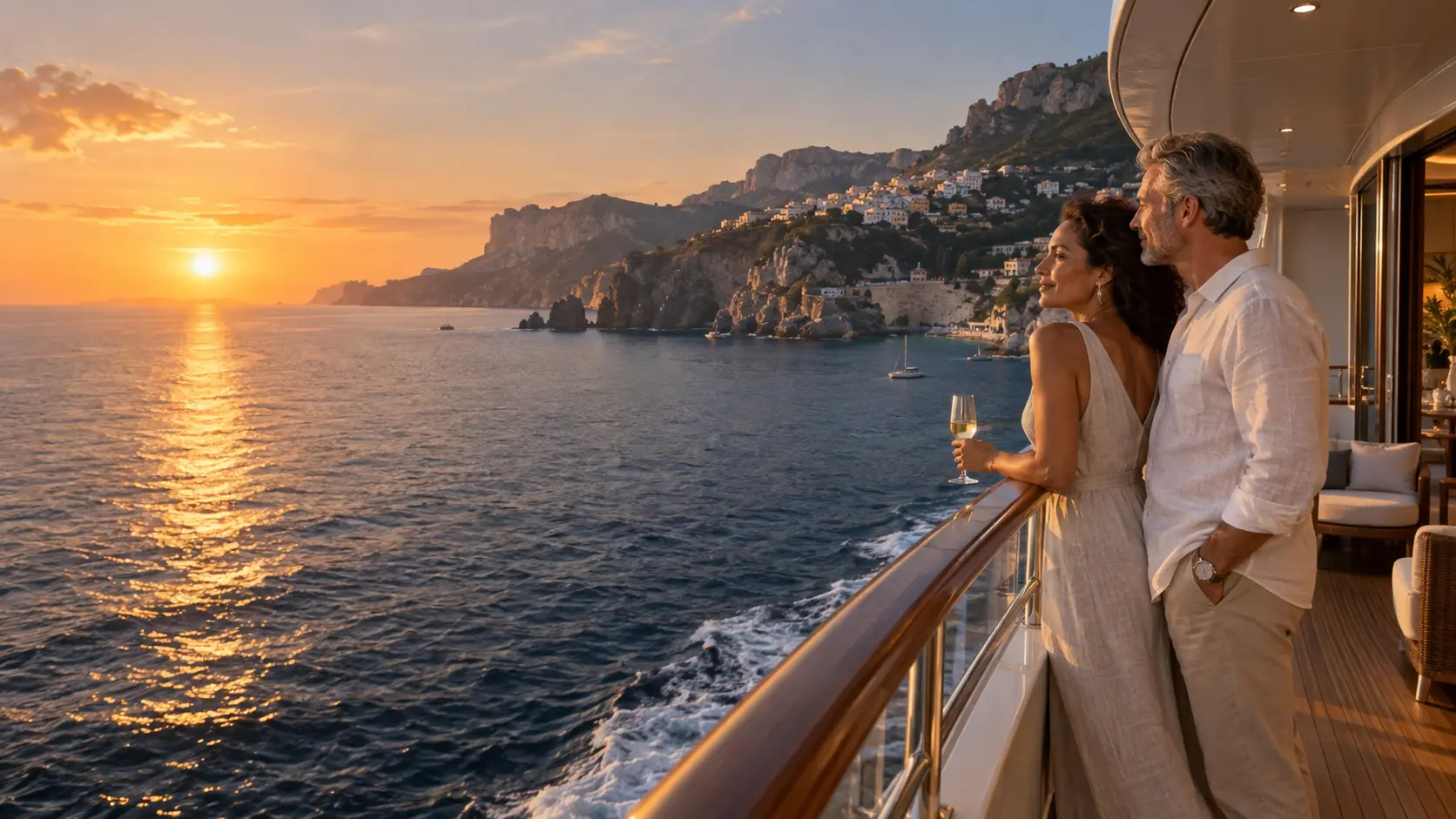 A couple watching the Mediterranean sunset from the deck of a luxury cruise ship
