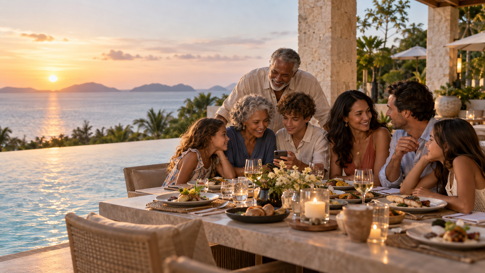 A multigenerational family gathered around a candlelit dinner table beside an infinity pool at sunset