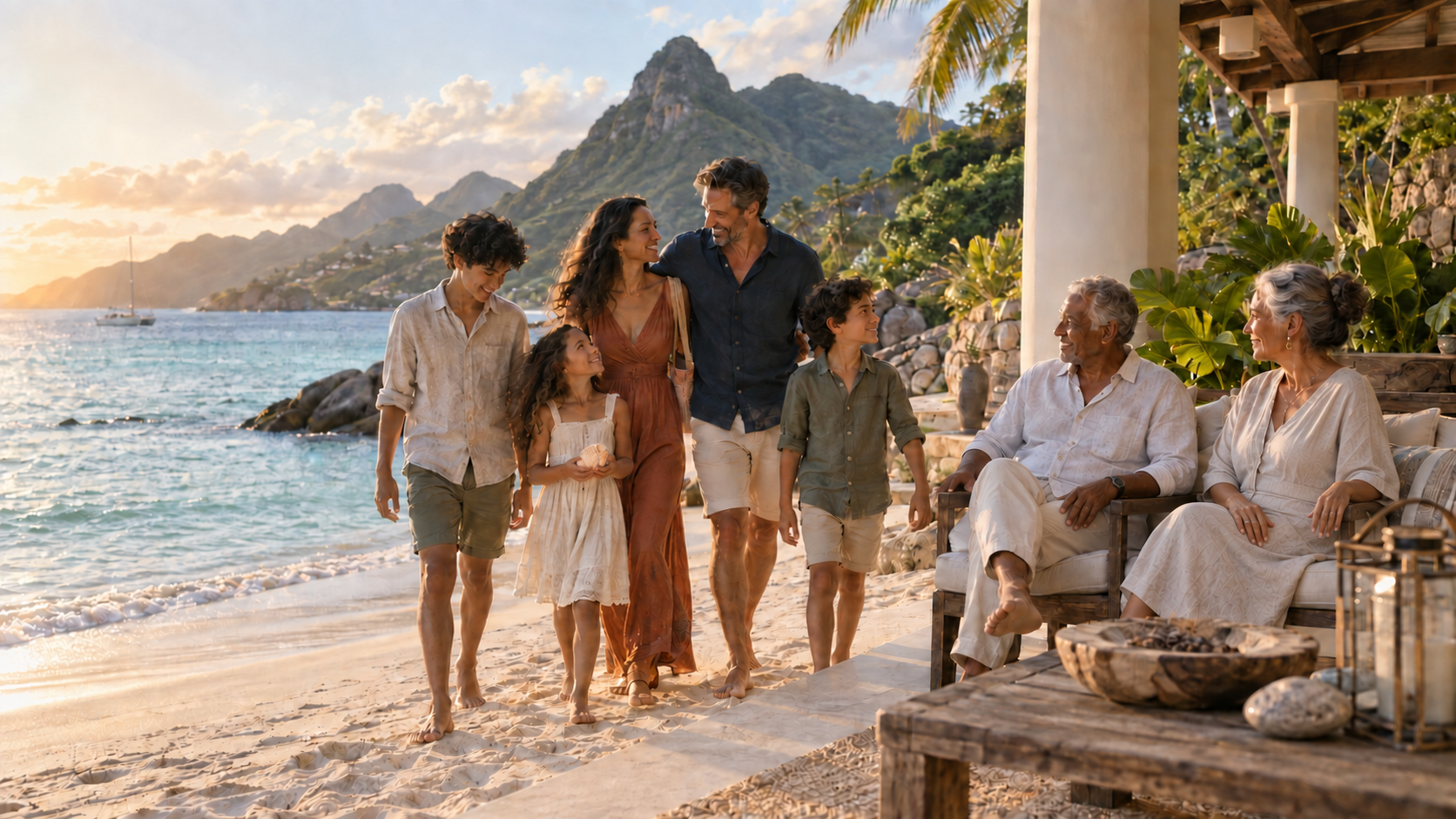 A multigenerational family walking together along a calm Caribbean shoreline at sunset