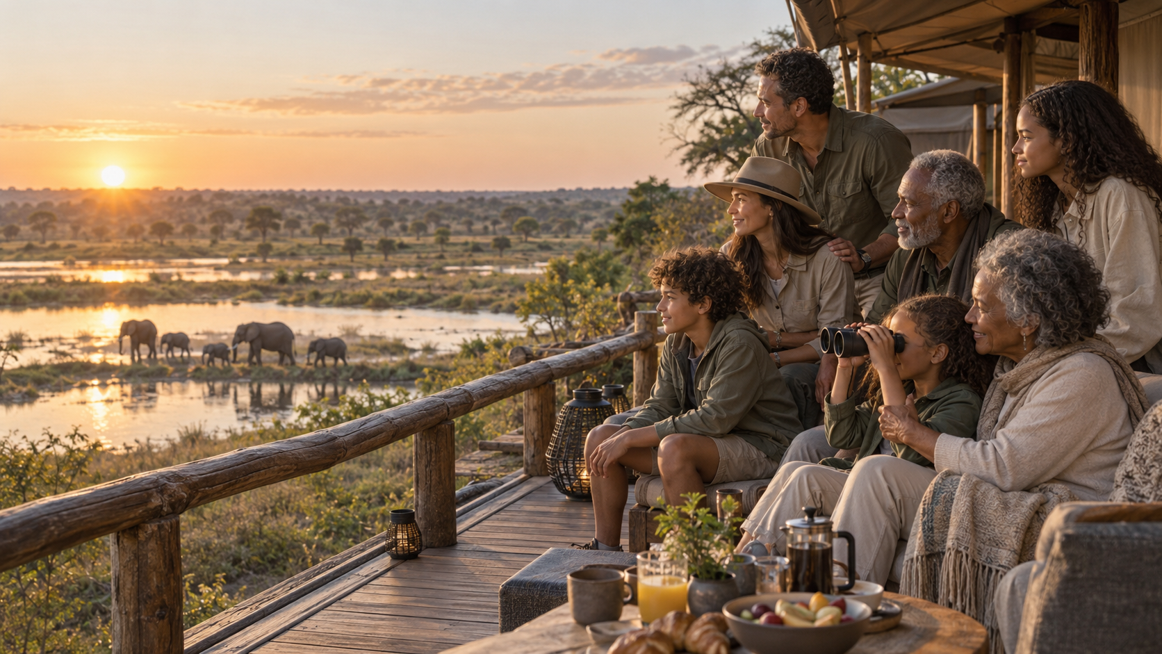 Three generations watching elephants at sunrise from a wooden safari lodge deck in Botswana