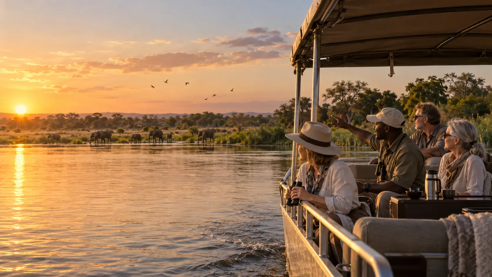 Travelers watching elephants from a private safari boat on the Chobe River at sunset