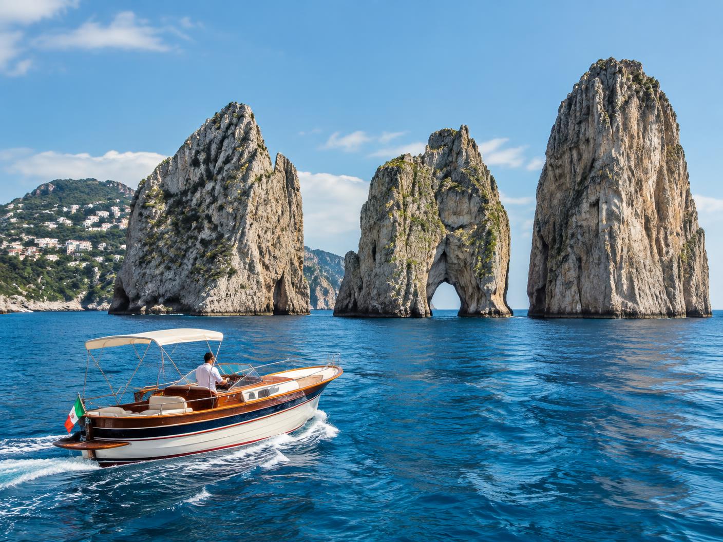 A classic wooden boat passing Capri's Faraglioni sea stacks