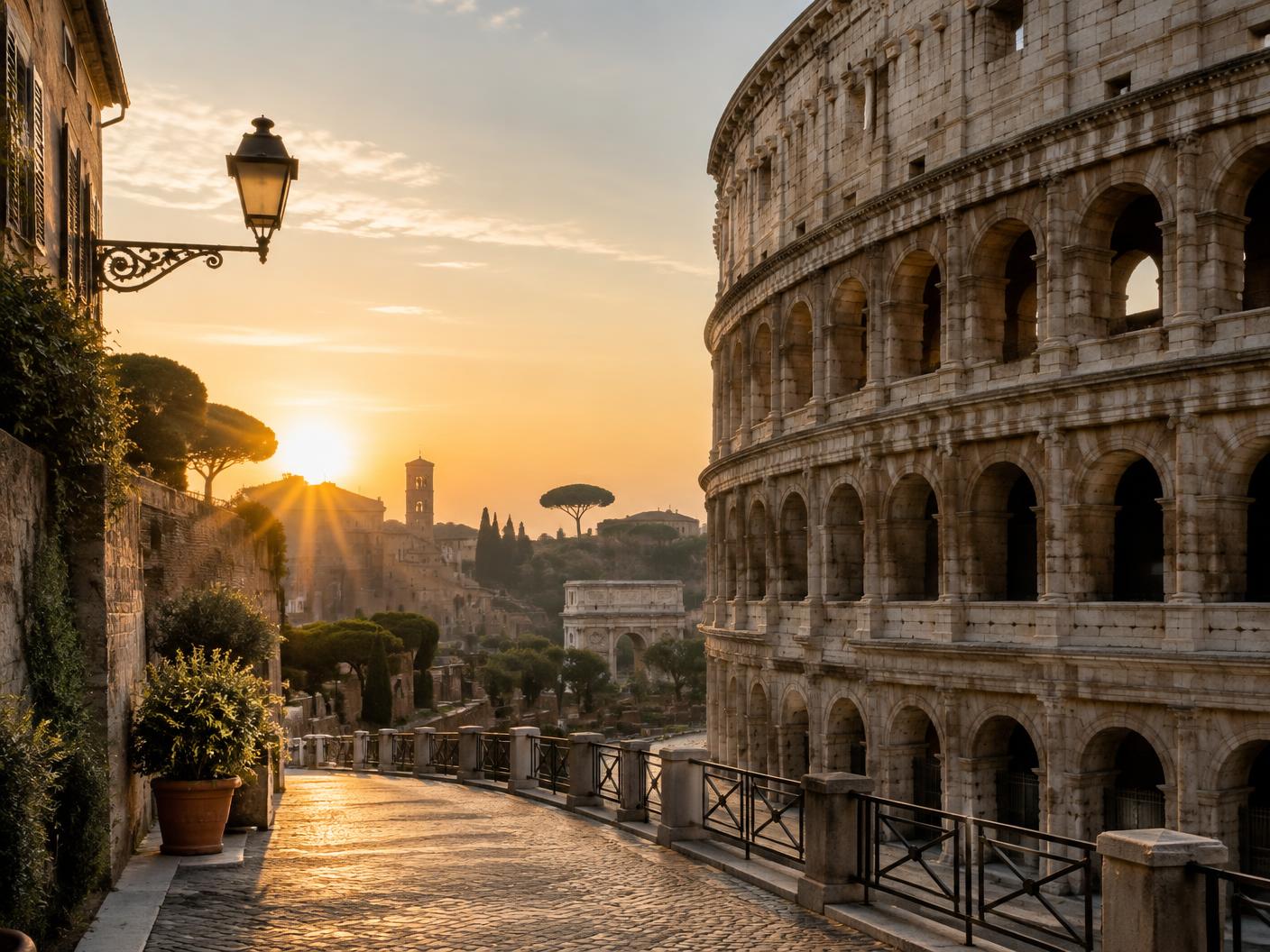 The Colosseum and historic Rome in early morning light