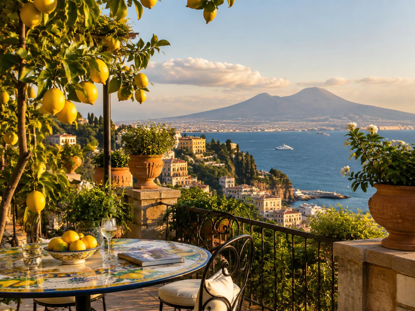 A lemon terrace in Sorrento overlooking the Bay of Naples and Mount Vesuvius