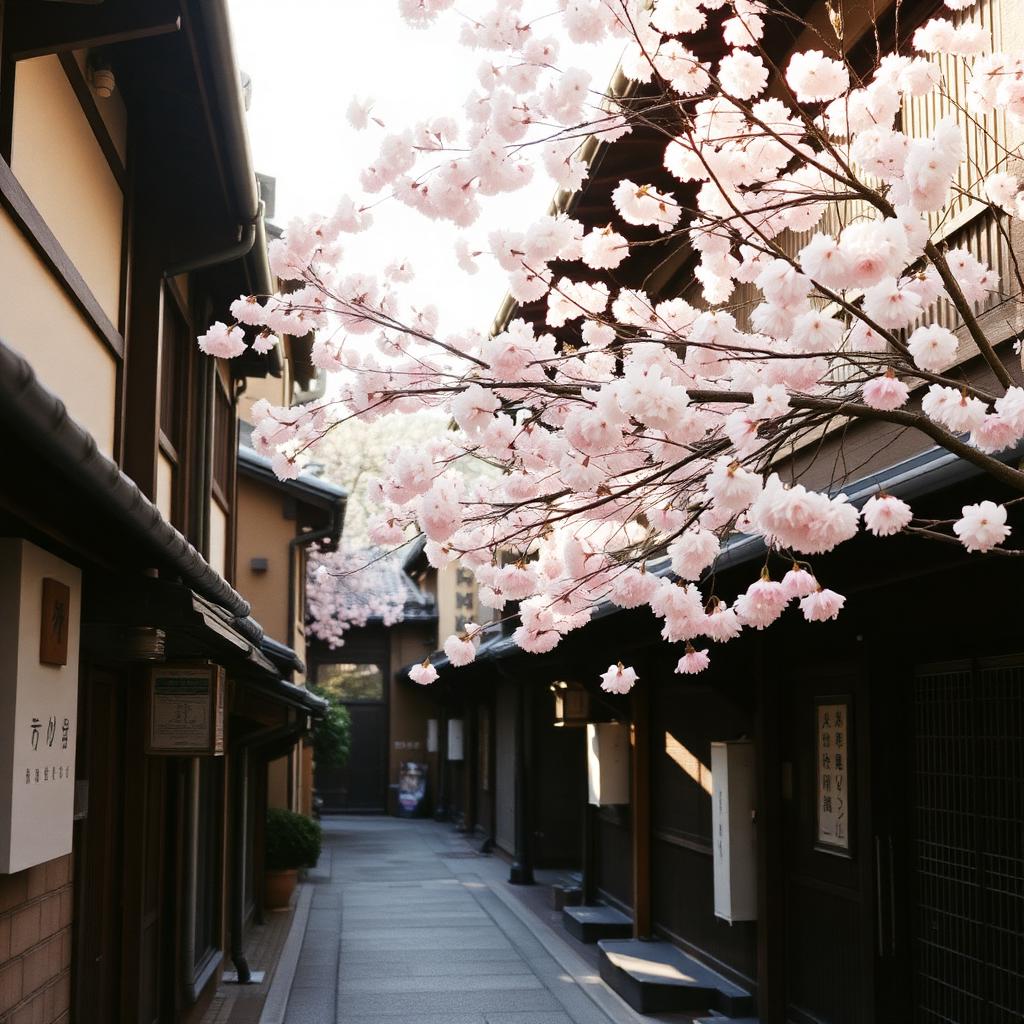 A quiet Kyoto lane framed by timber machiya houses