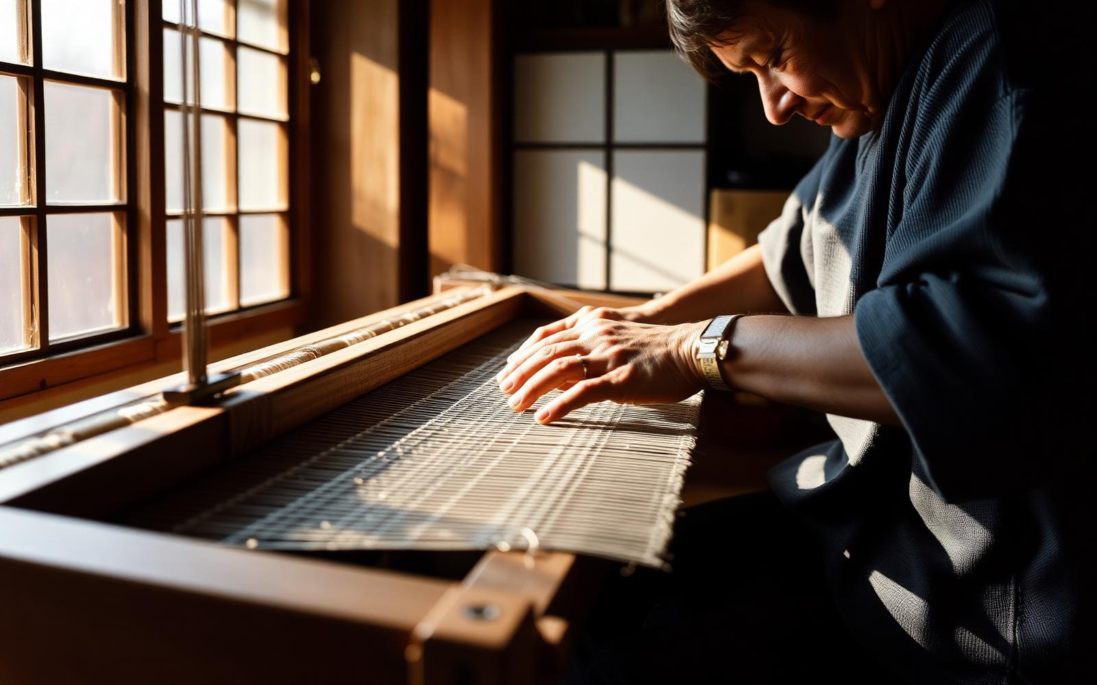 An artisan at work on a hand loom in a sunlit workshop