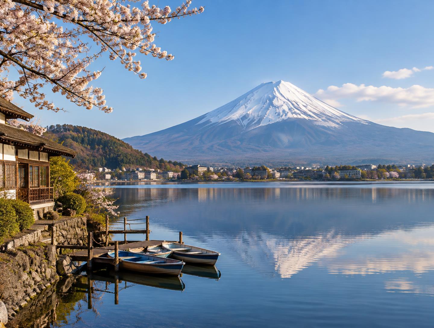 Mount Fuji reflected in the still waters of Lake Kawaguchi