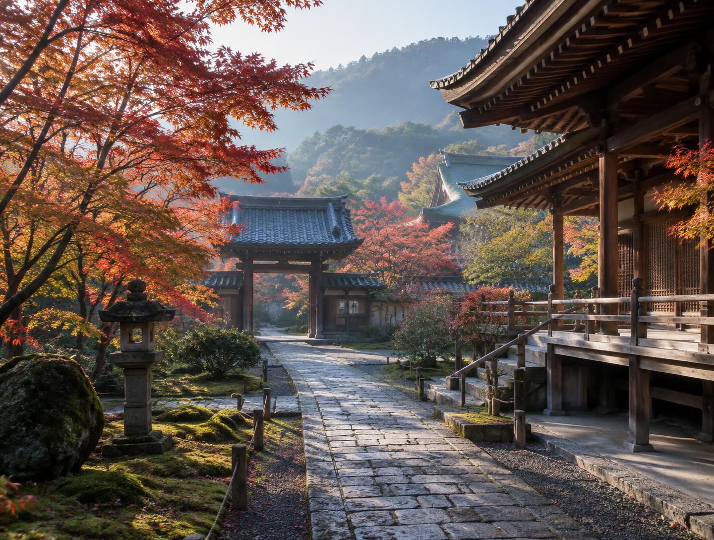 An ancient Kyoto temple garden framed by autumn maple trees