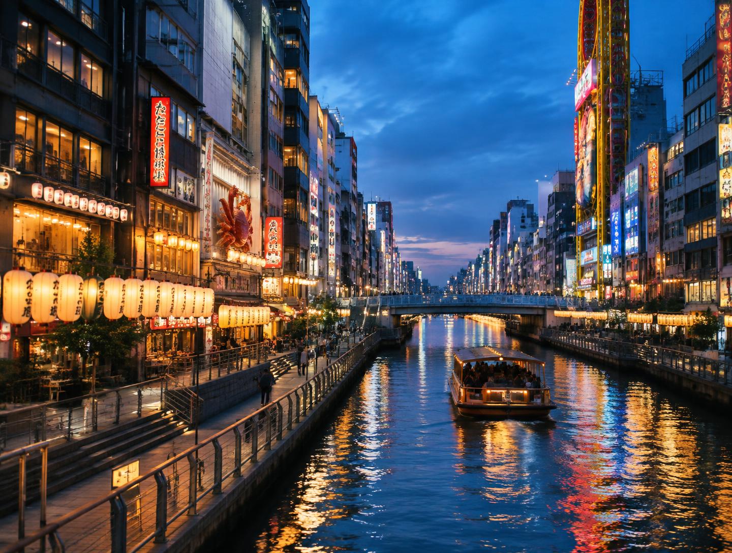 Dotonbori canal and lantern-lit streets in Osaka at blue hour