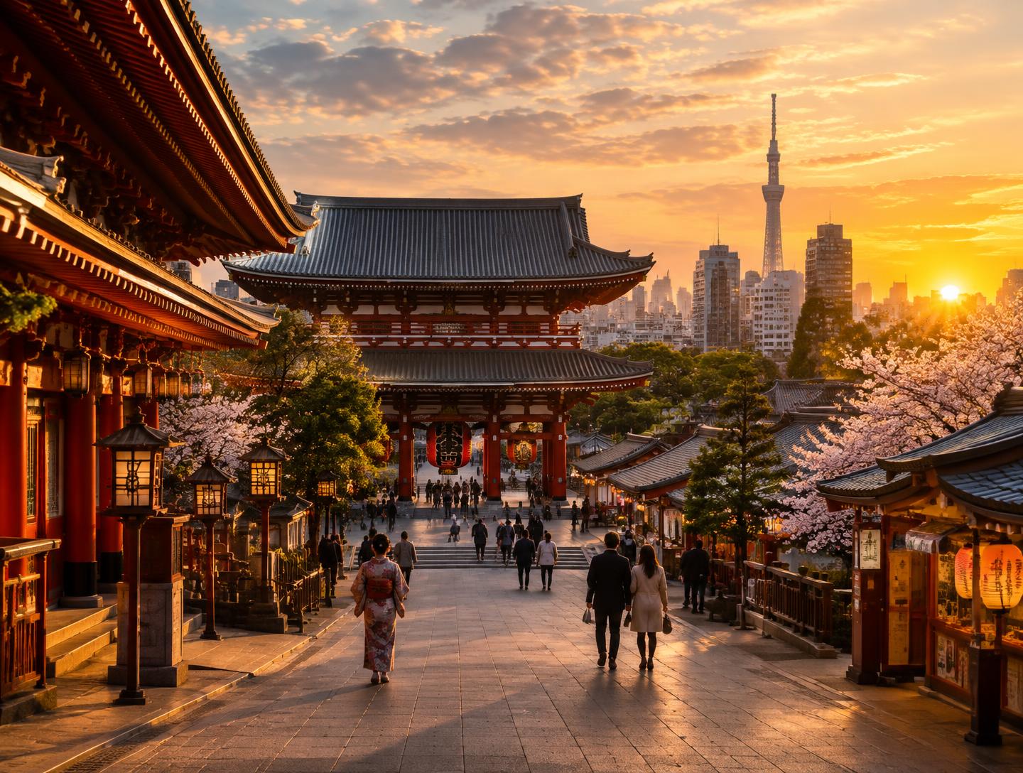 Sensoji temple and the Tokyo skyline at golden hour