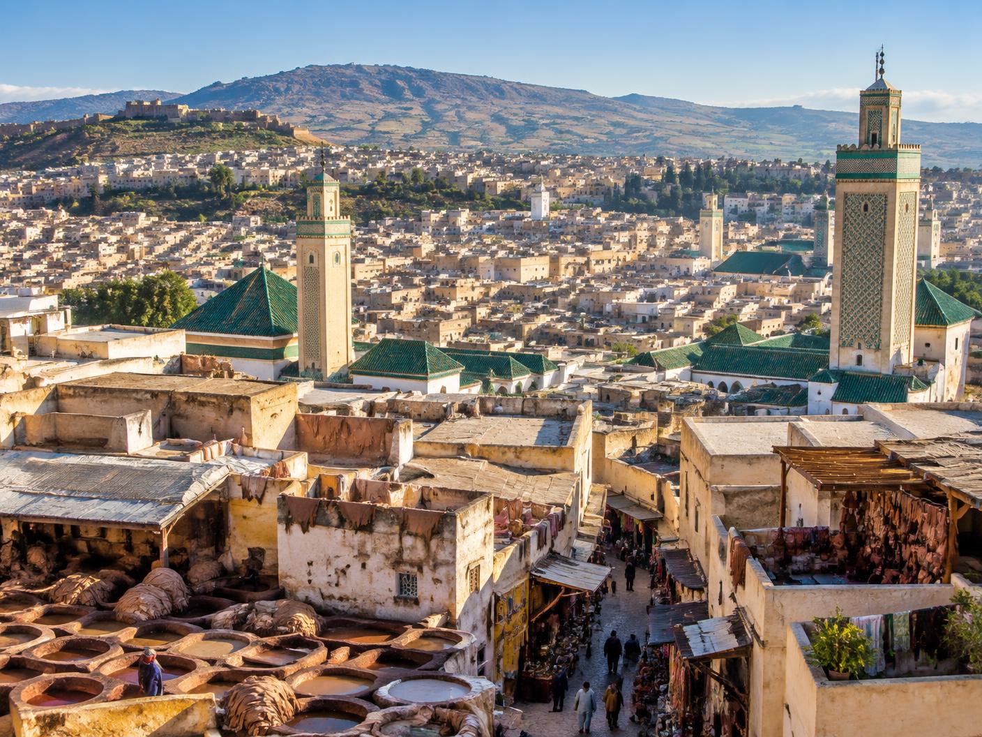 The historic medina and green-tiled minarets of Fes
