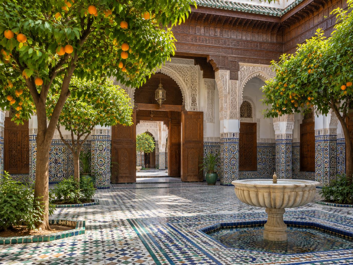 Zellige tilework and orange trees in a Marrakech palace courtyard